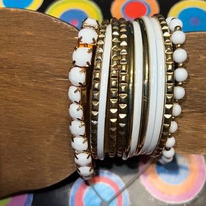 New Fashion Gold-Tone Textured White Enamel & Beaded Bangle Set 12Pcs
